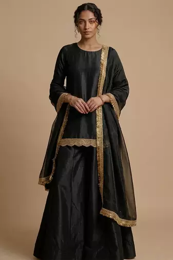 Black embroidered silk sharara set
