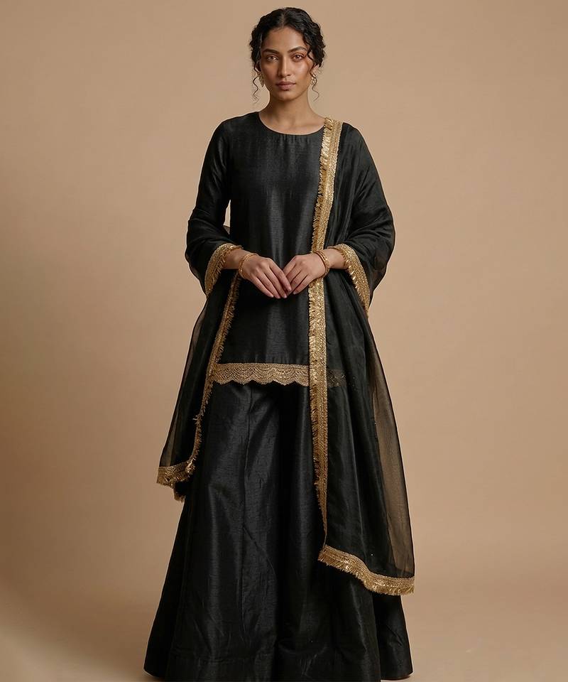Black embroidered silk sharara set