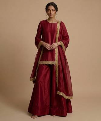 Red embroidered silk sharara set 1