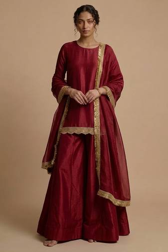 Red embroidered silk sharara set