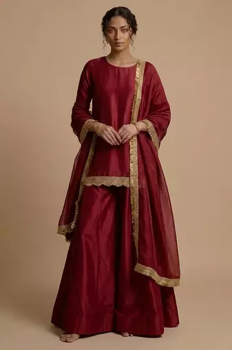 Red embroidered silk sharara set