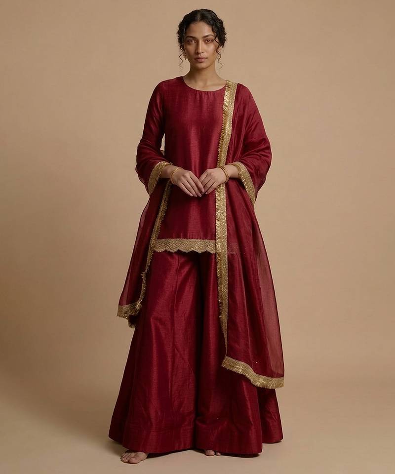 Red embroidered silk sharara set