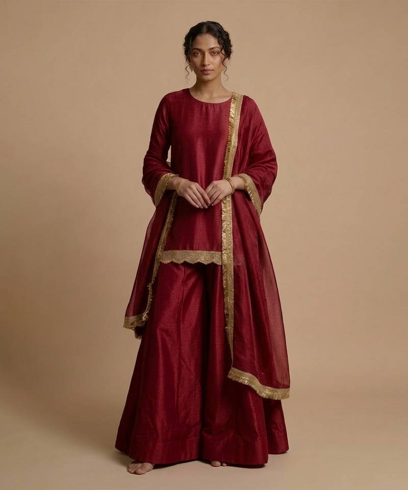 Red embroidered silk sharara set