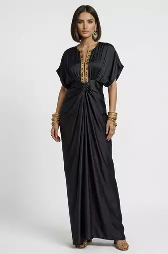 Black embroidered satin silk kaftan