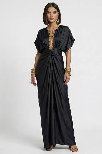 Black embroidered satin silk kaftan