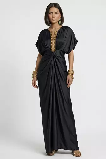 Black embroidered satin silk kaftan