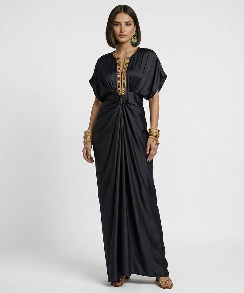 Black embroidered satin silk kaftan