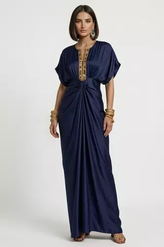 Blue embroidered satin silk kaftan