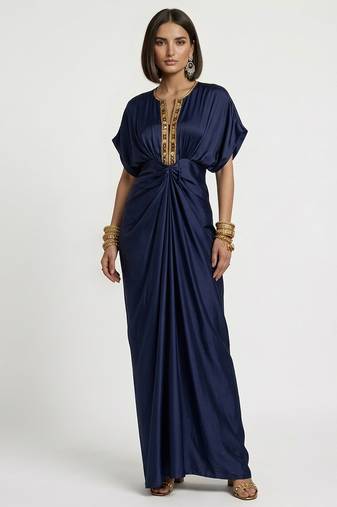 Blue embroidered satin silk kaftan
