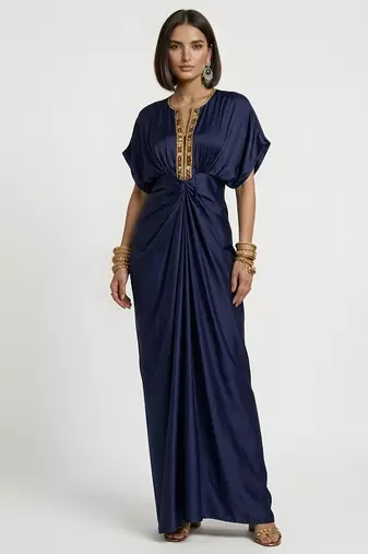 Blue embroidered satin silk kaftan