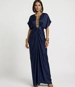 Blue embroidered satin silk kaftan