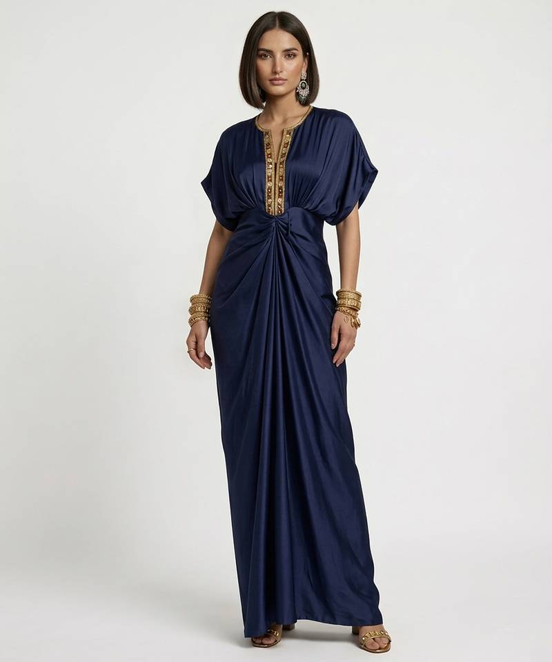 Blue embroidered satin silk kaftan