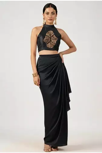 Black embroidered satin co ord set