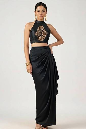 Black embroidered satin co ord set