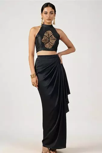 Black embroidered satin co ord set