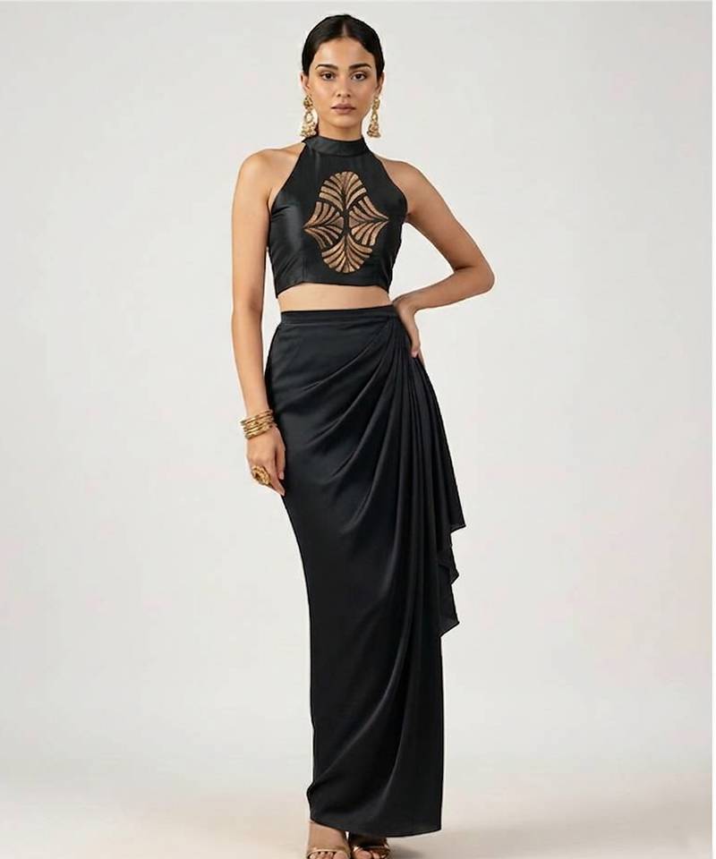 Black embroidered satin co ord set