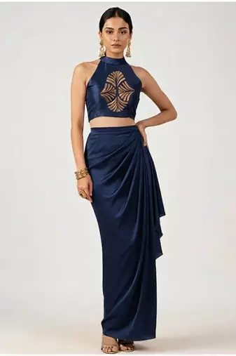 Navy blue embroidered satin co ord set