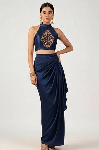 Navy blue embroidered satin co ord set