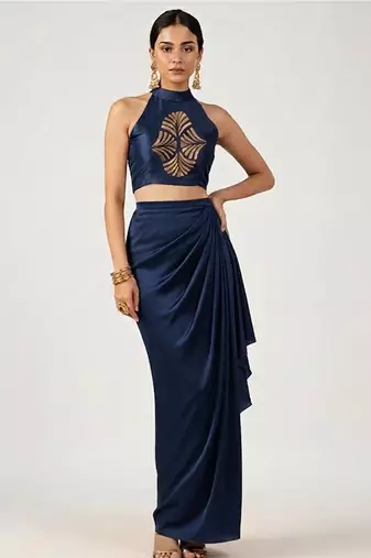 Navy blue embroidered satin co ord set