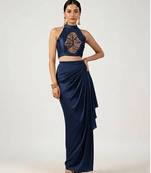 Navy blue embroidered satin co ord set
