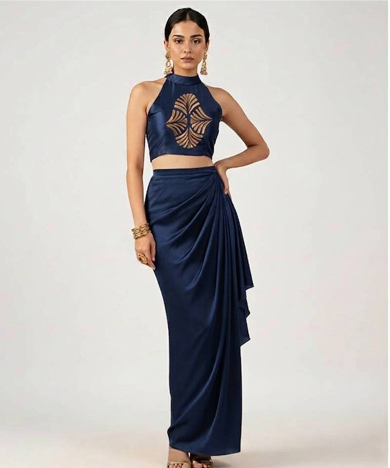 Navy blue embroidered satin co ord set