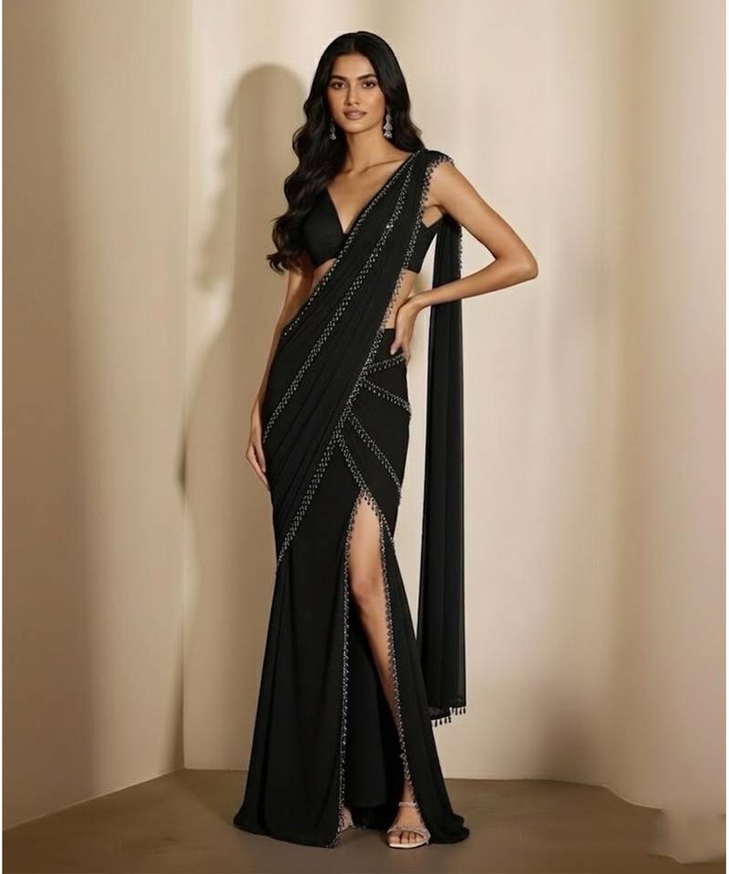 Black embroidered georgette draped saree set