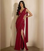 Red embroidered georgette draped saree set