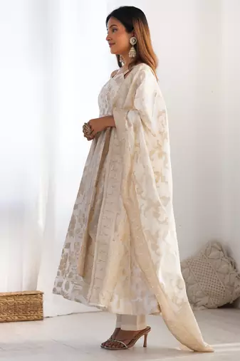 Wedding & Festive Special Jacquard Anarkali Suit in Cream & Gold