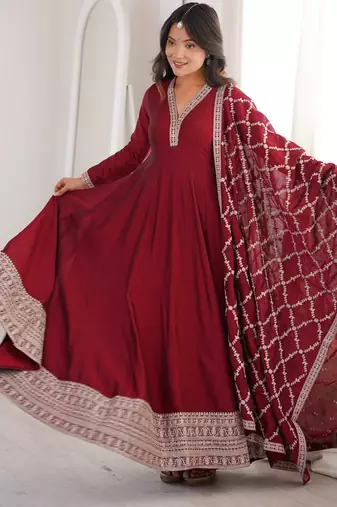 Women Designer Maroon Anarkali Kurta with Heavy Border Work