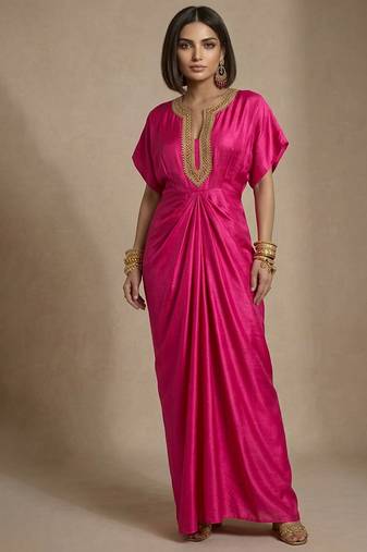 Pink embroidered satin silk kaftan