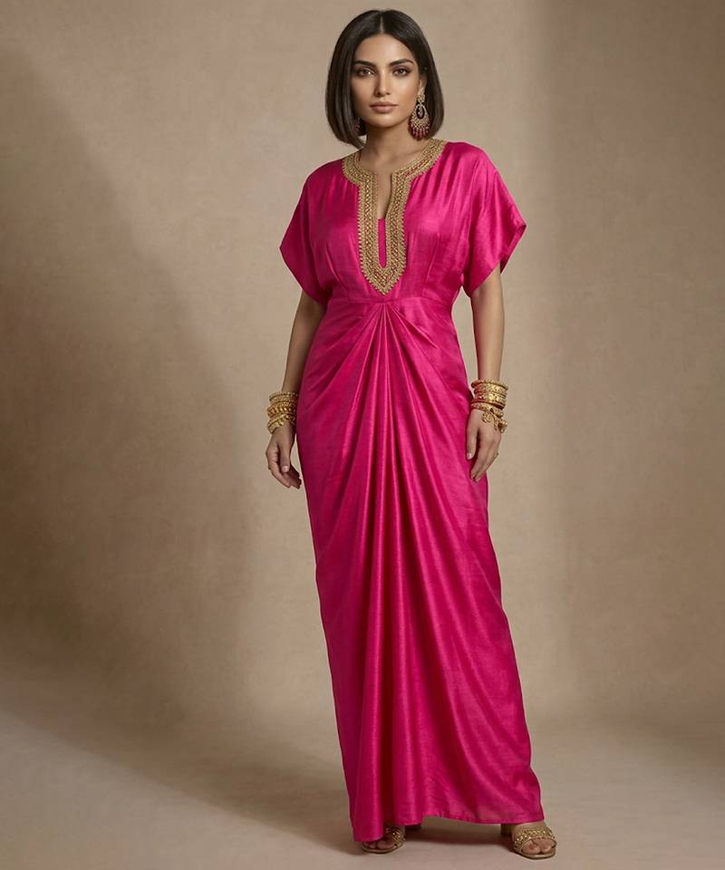 Pink embroidered satin silk kaftan