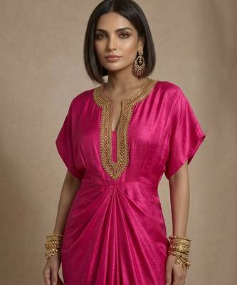 Pink embroidered Raw Silk kaftan 3