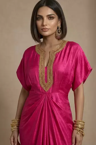 Pink embroidered Raw Silk kaftan