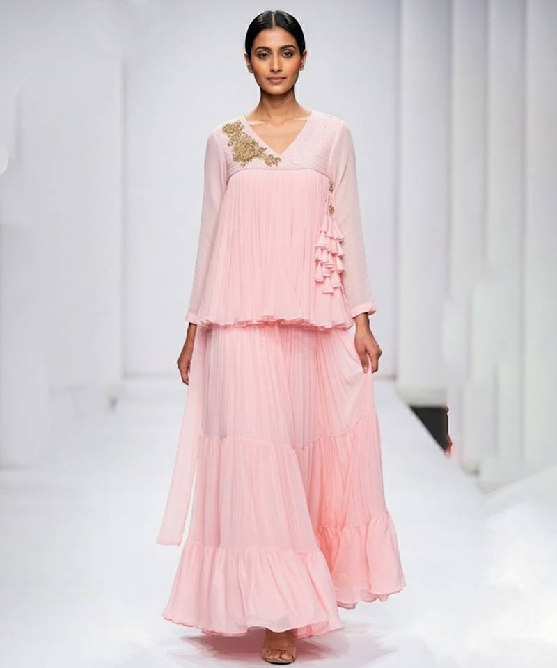 Baby pink embroidered georgette co ord set