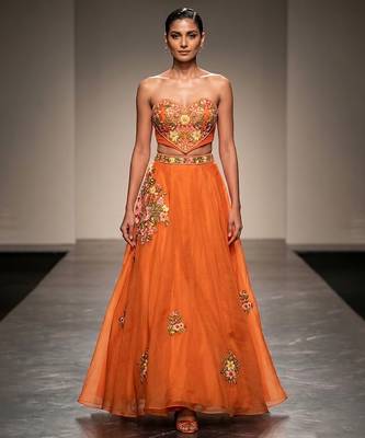 Orange Embroidered Raw Silk Lehenga Set 1