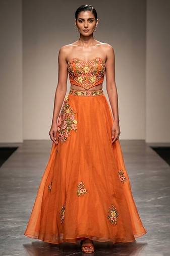 Tangerine Orange Embroidered Raw Silk Lehenga Set
