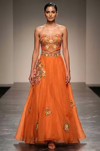 Tangerine Orange Embroidered Raw Silk Lehenga Set