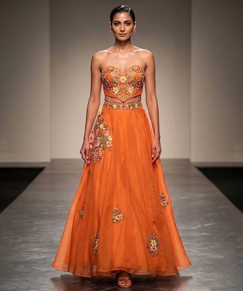 Tangerine Orange Embroidered Raw Silk Lehenga Set