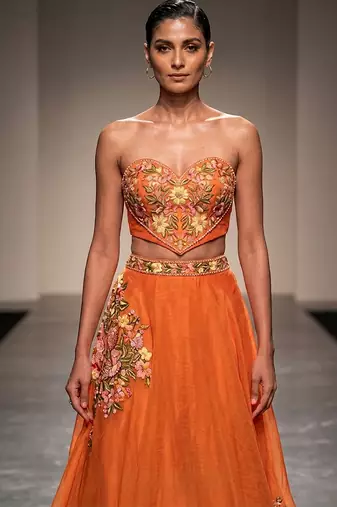 Orange Embroidered Raw Silk Lehenga Set