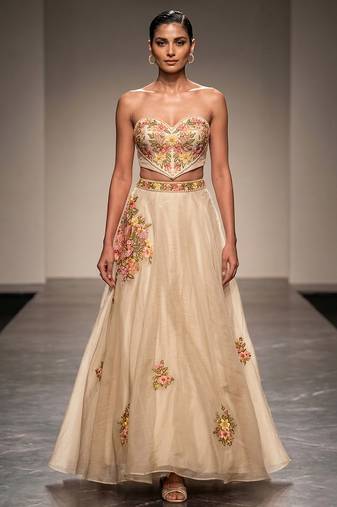 Ivory Embroidered Raw Silk Lehenga Set