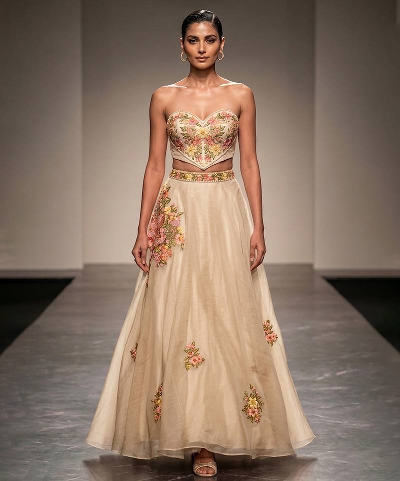 Ivory Embroidered Raw Silk Lehenga Set