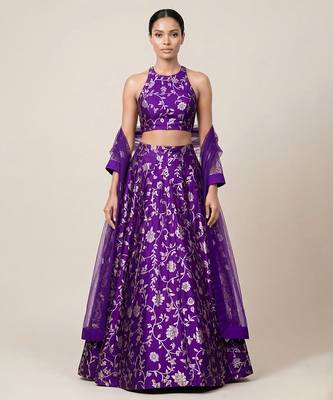 Purple Embroidered Silk Lehenga Set 1