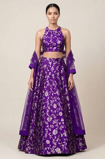 Purple Embroidered Silk Lehenga Set