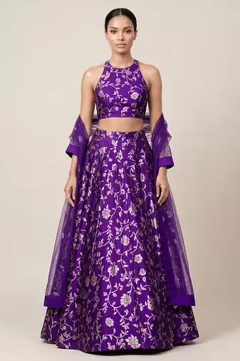 Purple Embroidered Silk Lehenga Set