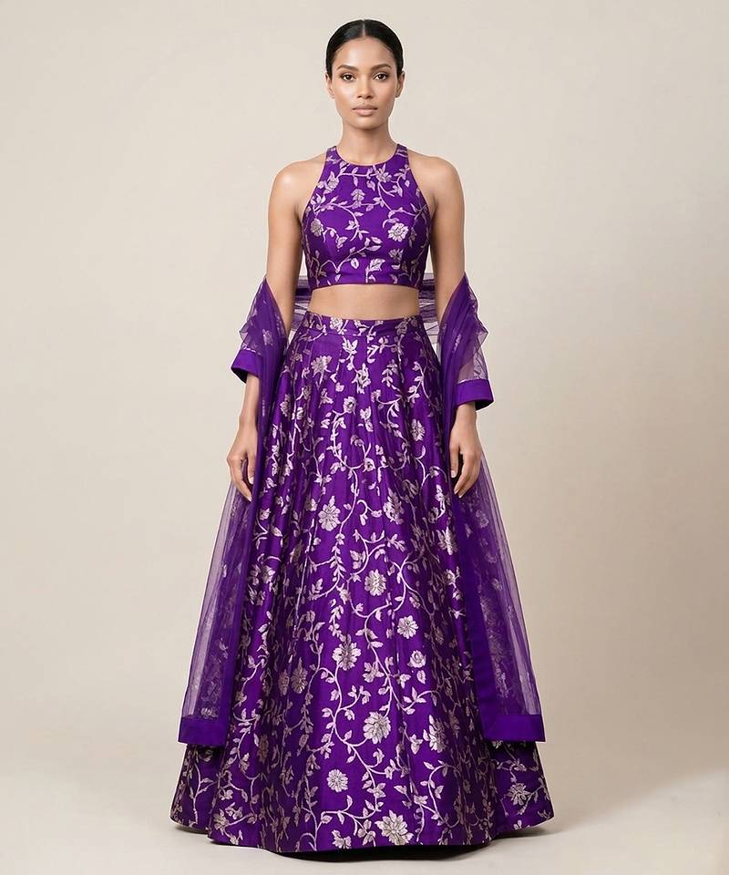 Purple Embroidered Silk Lehenga Set