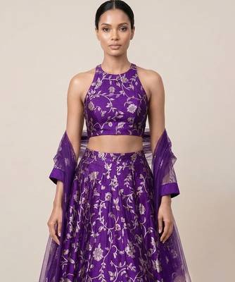 Purple Embroidered Silk Lehenga Set 3