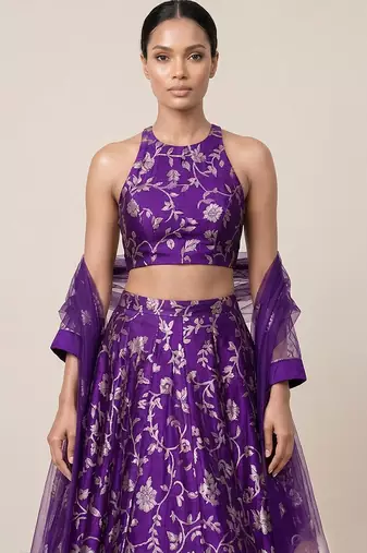 Purple Embroidered Silk Lehenga Set
