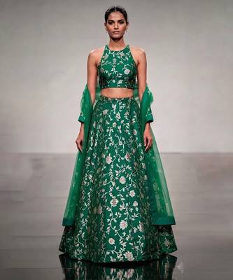 Emerald Green Embroidered Silk Lehenga Set 1