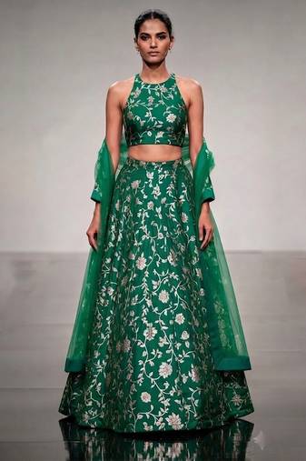 Emerald Green Embroidered Silk Lehenga Set