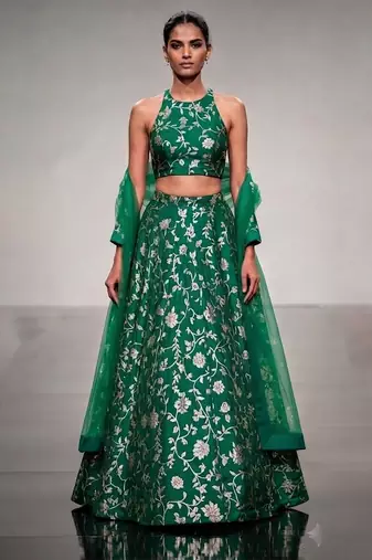 Emerald Green Embroidered Silk Lehenga Set